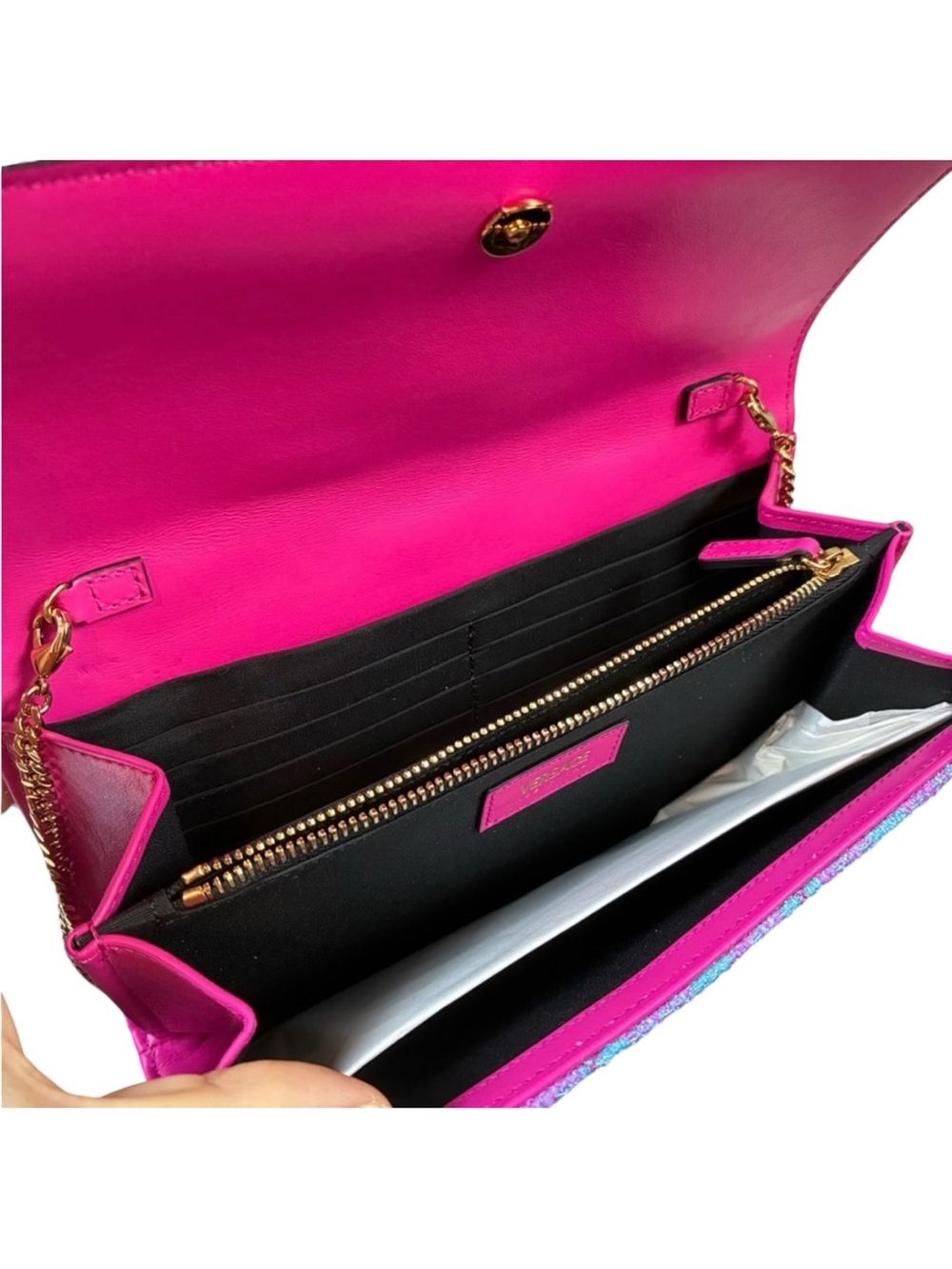 ✨💎NWT💎✨Versace Pink , Turquoise & Purple Tweed Wallet on Chain! - Picture 2 of 9